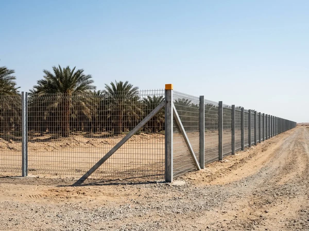 ساتر تسوير مزرعة من شبك معدني وشرائح حديد مجلفن بطول 60 مترًا على طريق ديراب غرب الرياض، مصوّر من الخارج